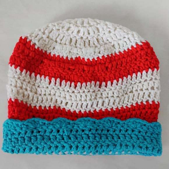 Striped Crochet Lighthouse Beanie Vibrant Red White & Blue Handmade Winter Hat - Picture 6 of 8